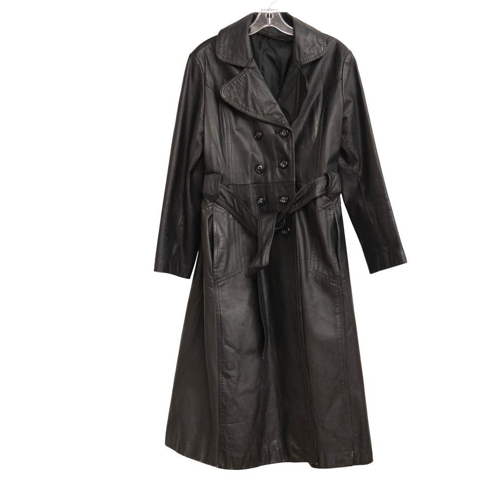 VTG Black Leather Trench Coat Womens 12 Goth Grunge Matrix Y2K Edgy Streetwear‎